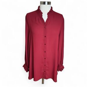 Susan Graver Blouse Womens L Red Ruffle Collar Button Front Hi Low Tunic Top